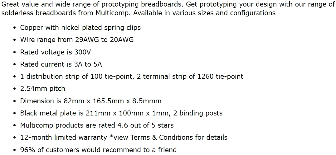 לוח ניסוי לאלקטרוניקה מטריצה MULTICOMP MCBB1360